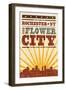 Rochester, New York - Skyline and Sunburst Screenprint Style-Lantern Press-Framed Art Print