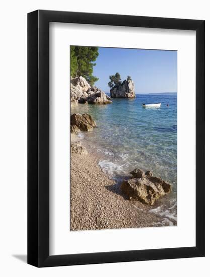 Rock and Rowing Boat, Near Brela, Makarska Riviera, Dalmata, Croatia, Europe-Markus Lange-Framed Photographic Print