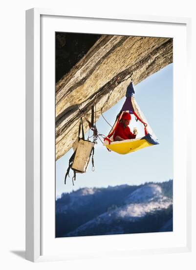 Rock Climber Bivouacked in His Portaledge on an Overhanging Cliff.-Greg Epperson-Framed Photographic Print