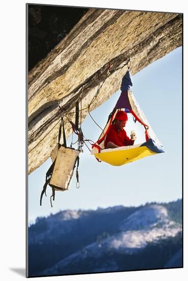 Rock Climber Bivouacked in His Portaledge on an Overhanging Cliff.-Greg Epperson-Mounted Photographic Print