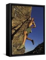 Rock Climber Hanging from Grip-null-Framed Stretched Canvas