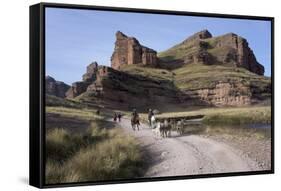 Rock Formation in the Tinajani Canyon in the Andes, Riders and Donkeys, Peru, South America-Peter Groenendijk-Framed Stretched Canvas