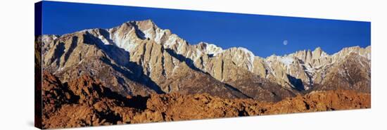 Rock Formations on a Mountain Range, Moonset over Mt Whitney, Lone Pine, California, USA-null-Stretched Canvas