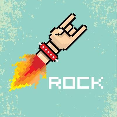 Vector Flat Pixel Rock N Roll Icon with Fire