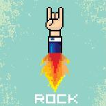 Vector Flat Pixel Rock N Roll Icon with Fire-rock n roll-Framed Stretched Canvas