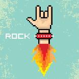 Vector Flat Pixel Rock N Roll Icon with Fire-rock n roll-Mounted Art Print