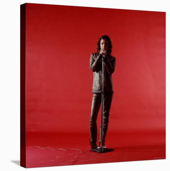 Rock Star Jim Morrison of the Doors Holding Microphone Alone as He Stands Against a Red Backdrop-Yale Joel-Stretched Canvas