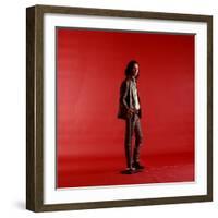 Rock Star Jim Morrison of the Doors Standing Alone Next to Microphone in Front of a Red Backdrop-Yale Joel-Framed Premium Photographic Print