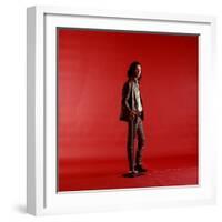 Rock Star Jim Morrison of the Doors Standing Alone Next to Microphone in Front of a Red Backdrop-Yale Joel-Framed Premium Photographic Print