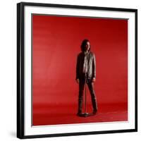 Rock Star Jim Morrison of the Doors Standing Behind Microphone Alone Against a Red Backdrop-Yale Joel-Framed Premium Photographic Print