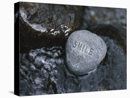 Rock with the Word Smile in Rushing Water-null-Stretched Canvas