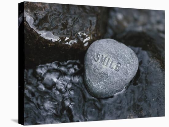 Rock with the Word Smile in Rushing Water-null-Stretched Canvas