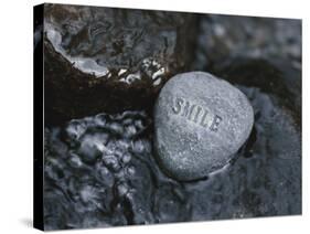 Rock with the Word Smile in Rushing Water-null-Stretched Canvas