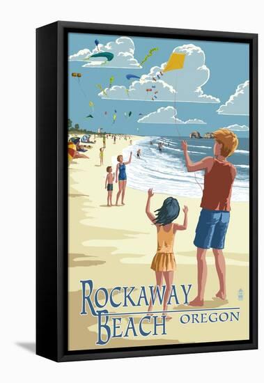 Rockaway Beach, Oregon - Kite Flyers-Lantern Press-Framed Stretched Canvas