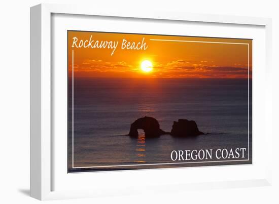 Rockaway Beach, Oregon - Rockaway Beach Sunset-Lantern Press-Framed Art Print