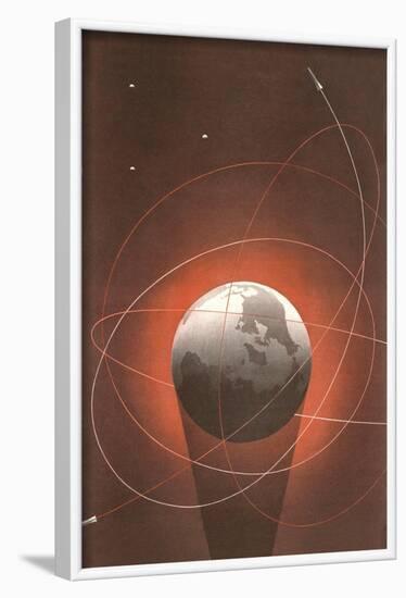 Rocket Paths Around Globe-null-Framed Art Print