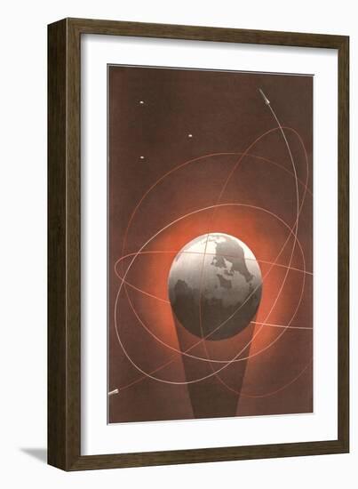 Rocket Paths Around Globe-null-Framed Art Print