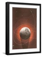 Rocket Paths Around Globe-null-Framed Art Print