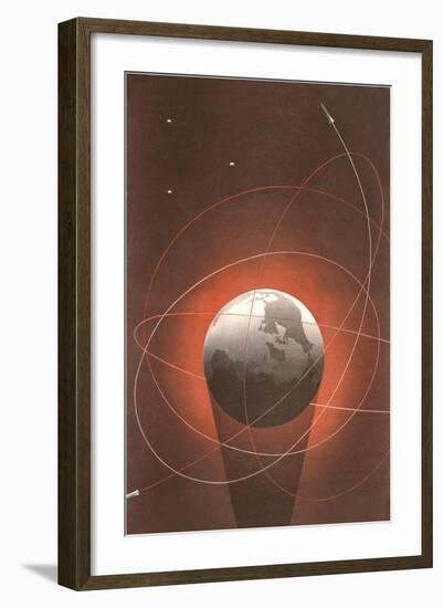 Rocket Paths around Globe-null-Framed Giclee Print