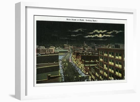 Rockford, Illinois, Eastern Aerial View down State Street at Night-Lantern Press-Framed Art Print