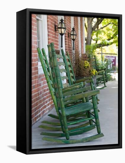 Rocking Chairs on Porch, Ste. Genevieve, Missouri, USA-Walter Bibikow-Framed Stretched Canvas