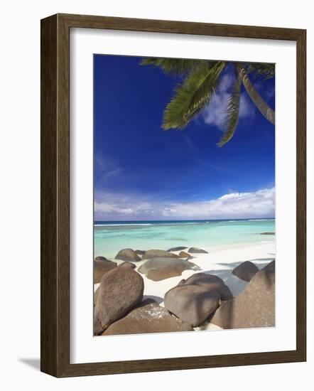 Rocks and Palm Tree on Tropical Beach, Seychelles, Indian Ocean, Africa-Papadopoulos Sakis-Framed Photographic Print