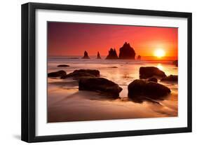 Rocks and Sunset-Lantern Press-Framed Art Print