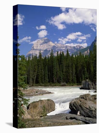Rocks and Trees Beside a River with the Rocky Mountains in the Background, British Columbia, Canada-Harding Robert-Stretched Canvas