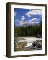 Rocks and Trees Beside a River with the Rocky Mountains in the Background, British Columbia, Canada-Harding Robert-Framed Photographic Print