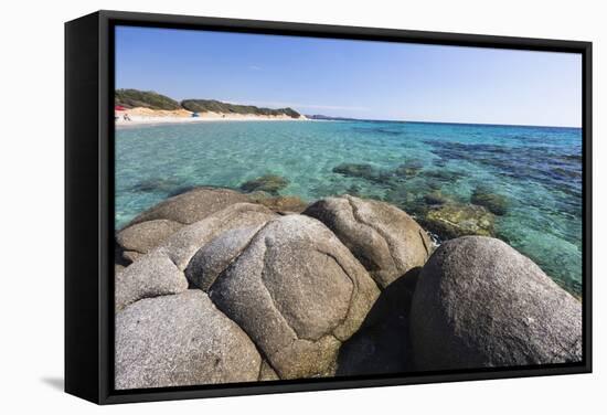 Rocks Frame the Turquoise Water of Sea around the Sandy Beach of Sant Elmo Castiadas, Costa Rei-Roberto Moiola-Framed Stretched Canvas