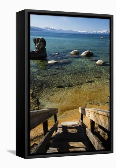 Rocks in a lake with mountain range in the background, Lake Tahoe, California, USA-Panoramic Images-Framed Stretched Canvas