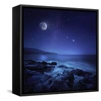 Rocks Seaside Against Rising Moon and Starry Field, Crete, Greece-null-Framed Stretched Canvas