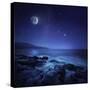 Rocks Seaside Against Rising Moon and Starry Field, Crete, Greece-null-Stretched Canvas