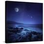 Rocks Seaside Against Rising Moon and Starry Field, Crete, Greece-null-Stretched Canvas