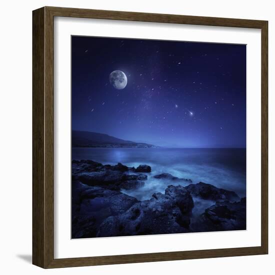 Rocks Seaside Against Rising Moon and Starry Field, Crete, Greece-null-Framed Photographic Print