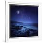 Rocks Seaside Against Rising Moon and Starry Field, Crete, Greece-null-Framed Photographic Print