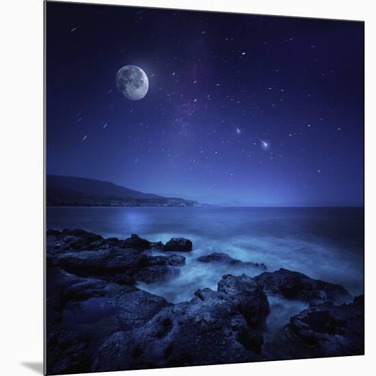Rocks Seaside Against Rising Moon and Starry Field, Crete, Greece-null-Mounted Photographic Print