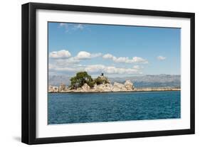 Rocks the Harbour Wall and a Statue of the Madonna in the Harbour at Trpanj Croatia-Julian Eales-Framed Photographic Print