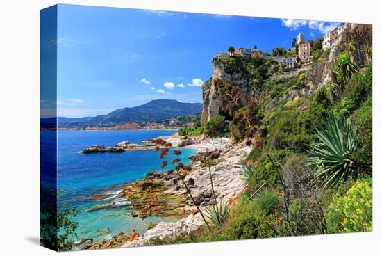 Rocky Coast with View of Menton in France near Ventimiglia, Province of Imperia, Liguria, Italy-null-Stretched Canvas