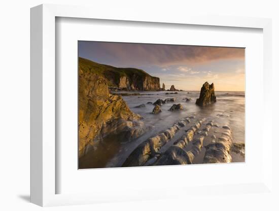 Rocky cove in golden evening light, Bantham Beach, South Hams, Devon, UK.-Adam Burton-Framed Photographic Print