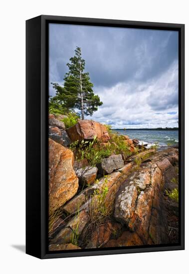 Rocky Lake Shore of Georgian Bay in Killbear Provincial Park near Parry Sound, Ontario, Canada.-elenathewise-Framed Stretched Canvas