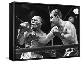 Rocky Marciano Landing a Punch on Jersey Joe Walcott, Sept. 23, 1952-null-Framed Stretched Canvas