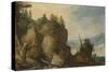 Rocky Mountain Landscape with a Left Castle Situated on a High Rock-Joos de Momper II-Stretched Canvas