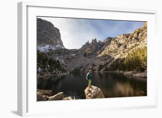 Rocky Mountain National Park, Colorado: An Adult Male Stands Alongside Emerald Lake-Ian Shive-Framed Photographic Print