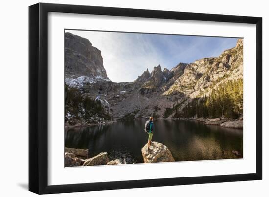 Rocky Mountain National Park, Colorado: An Adult Male Stands Alongside Emerald Lake-Ian Shive-Framed Photographic Print