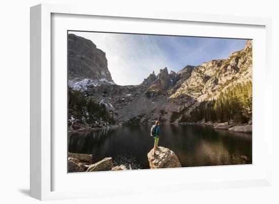 Rocky Mountain National Park, Colorado: An Adult Male Stands Alongside Emerald Lake-Ian Shive-Framed Photographic Print