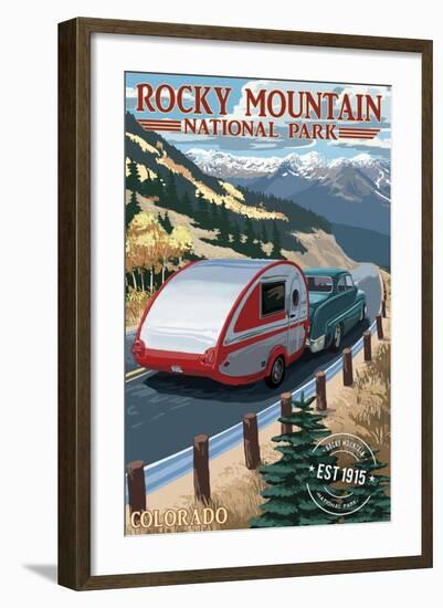 Rocky Mountain National Park - Retro Camper - Rubber Stamp-Lantern Press-Framed Art Print