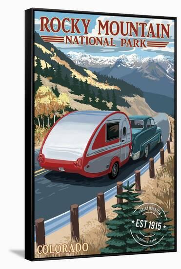 Rocky Mountain National Park - Retro Camper - Rubber Stamp-Lantern Press-Framed Stretched Canvas