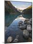 Rocky Mountains and Boulders Reflected in Lake Louise, Banff National Park, Alberta, Canada-Larry Ditto-Mounted Photographic Print