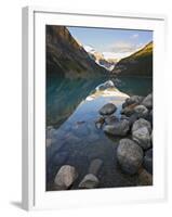 Rocky Mountains and Boulders Reflected in Lake Louise, Banff National Park, Alberta, Canada-Larry Ditto-Framed Photographic Print